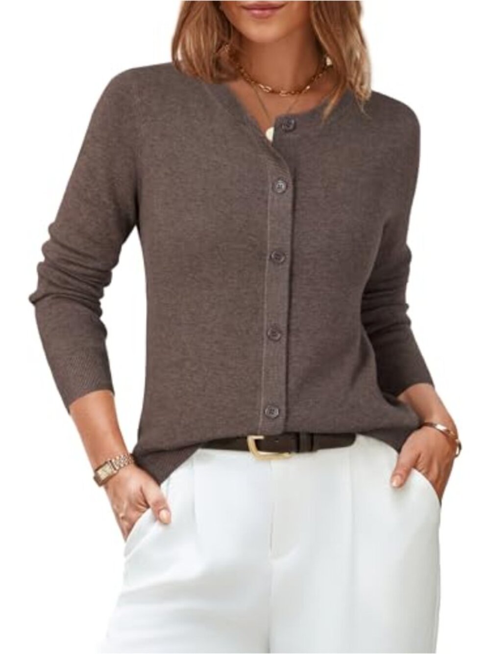 Wool Blend Cardigan Sweater Women Business Casual Crew Neck